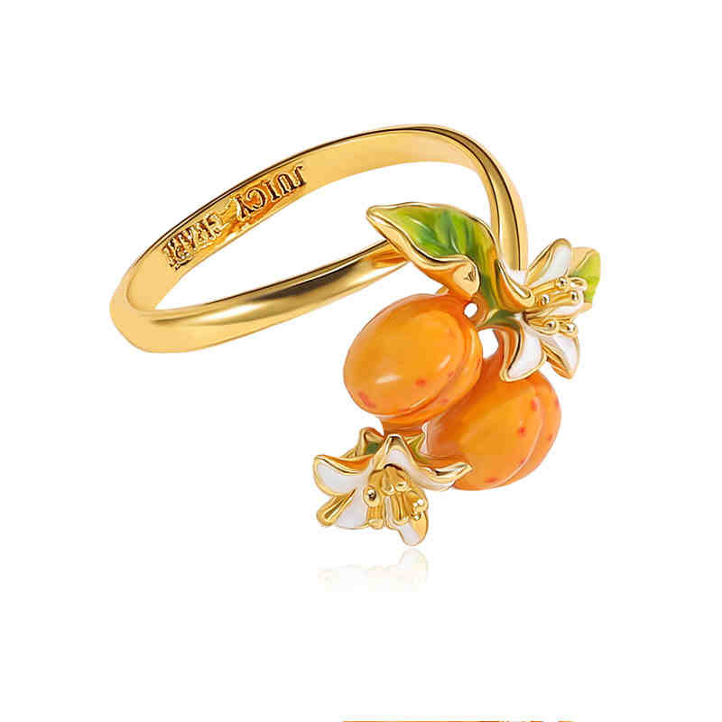 Fruit Apricot White Flower Enamel Adjustable Ring