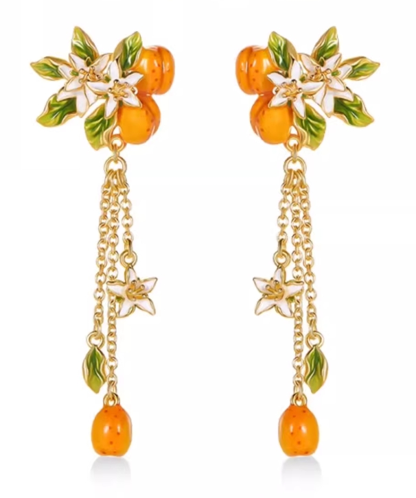 Fruit Apricot Flower Enamel Dangle Tassel Stud Earrings