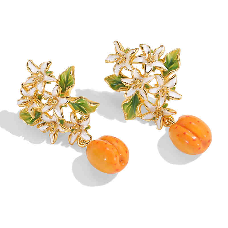 Fruit Apricot Flower Blossom Enamel Dangle Earrings