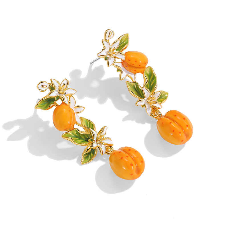 Fruit Apricot With Flower Blossom Enamel Dangle Earrings