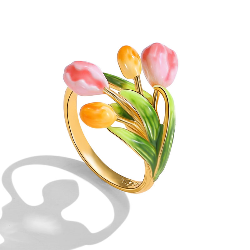 Tulip Flower Blossom Zircon Enamel Adjustable Ring