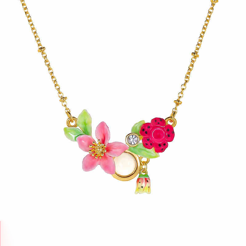 Pink Red Flower Enamel Pendant Necklace