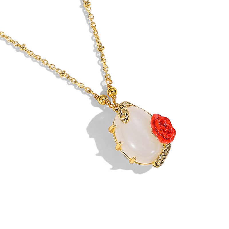 Snake Rose Flower Stone Enamel Pendant Necklace