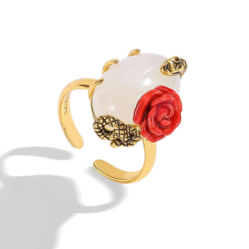 Snake Rose Flower Stone Enamel Adjustable Ring