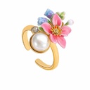 Pink Blue Flower Pearl Enamel Adjustable Ring