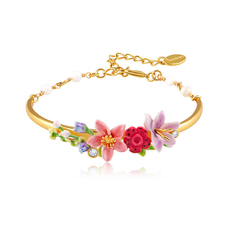 Pink Purple Flower Blossom Enamel Bangle Chain Bracelet