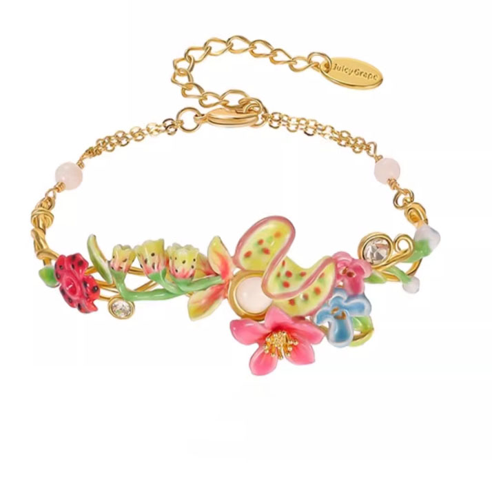 Flower Blossom Branch Enamel Bangle Chain Bracelet