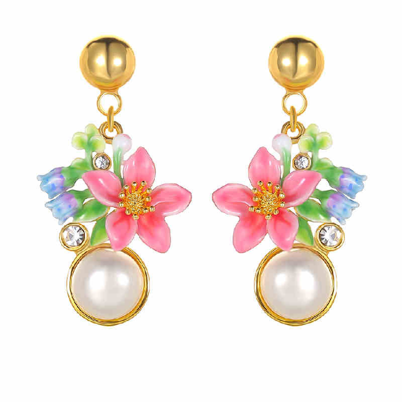 Pink Blue Flower Pearl Enamel Dangle Stud Earrings