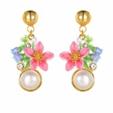 Pink Blue Flower Pearl Enamel Dangle Stud Earrings