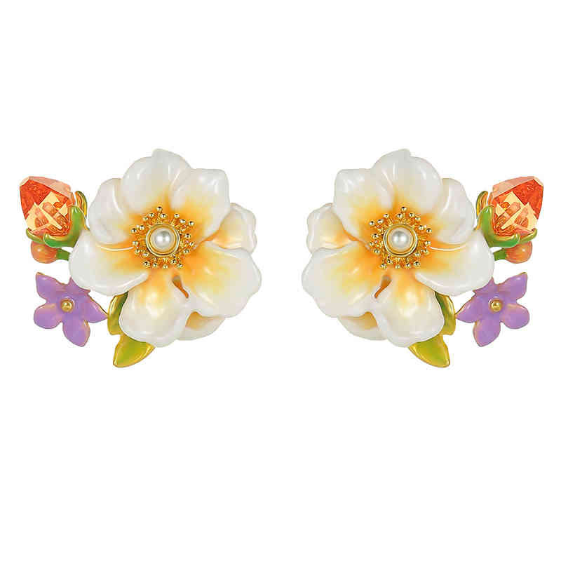 Jasmine Flower Pearl Enamel Stud Earrings