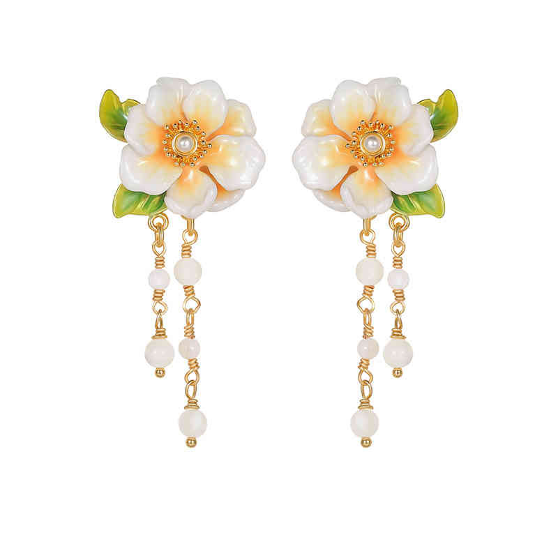 Jasmine Flower Leaf Enamel Tassel Stud Earrings