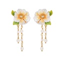 Jasmine Flower Leaf Enamel Tassel Stud Earrings