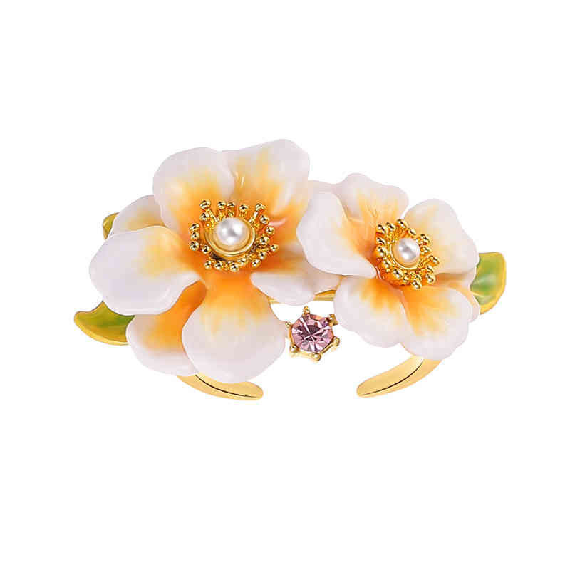 Jasmine Flower And Pearl Enamel Adjustable Ring