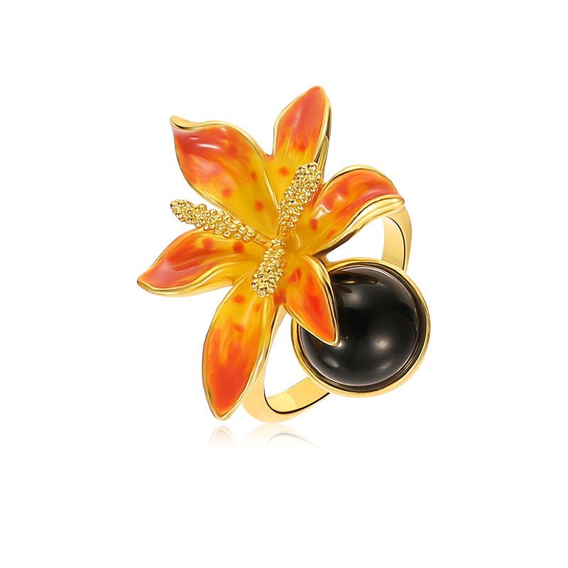 Orange Blossom Flower And Black Agate Enamel Adjustable Ring