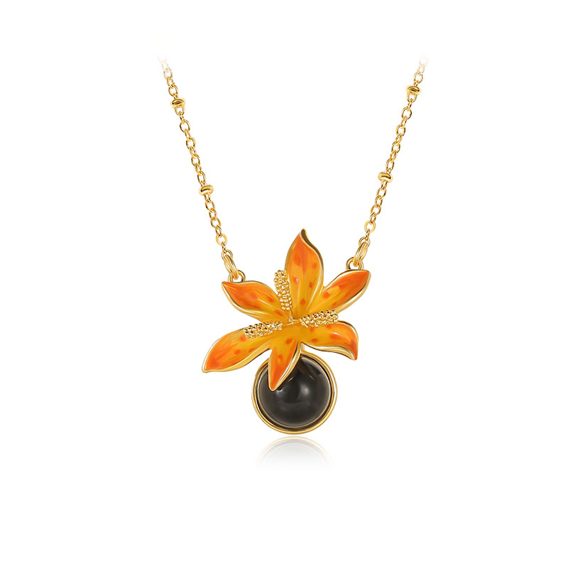 Orange Blossom Flower And Black Agate Enamel Pendant Necklace