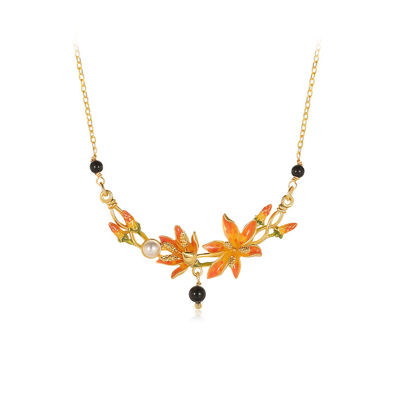 Orange Blossom Flower Branch And Black Agate Enamel Pendant Necklace