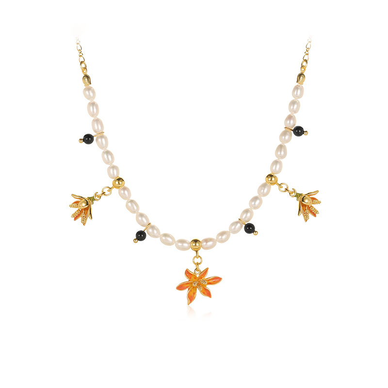 Orange Flower And Pearl Black Agate Enamel Charm Strand Necklace