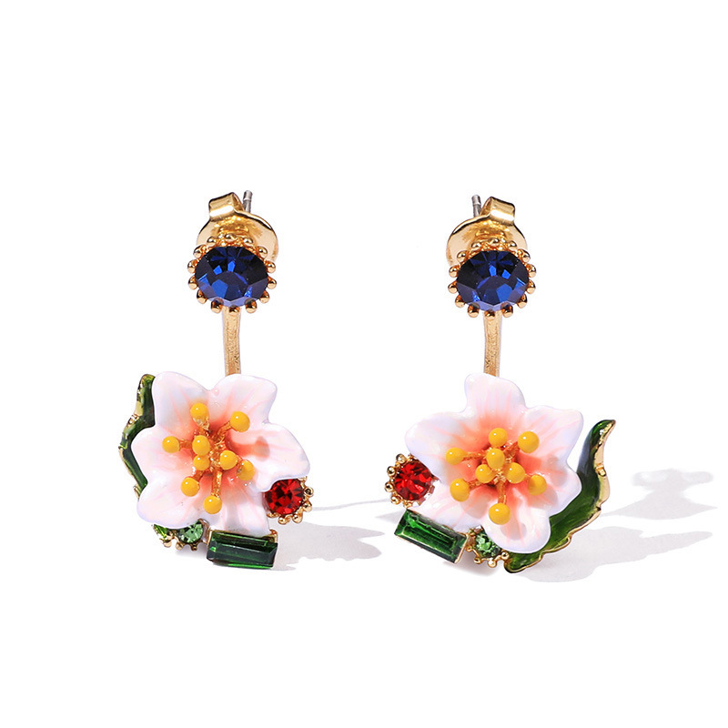 Pink Flower And Crystal Enamel Stud Earrings