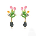 Tulip Flower Zircon Enamel Dangle Stud Earrings