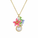 Pink Blue Flower With Pearl Enamel Pendant Necklace